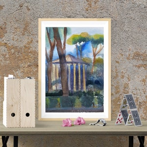 Roma, dipinto ORIGINALE ad acquerello 11'' x 15''. Tempio di Ercole, veduta di Roma con pini, arte di viaggio in Italia.