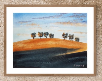 Aquarelle ORIGINALE de Toscane, paysage 11 x 15 po. Peinture d'oliviers, art de voyage en Italie, paysage italien