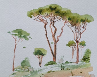 Pine trees ORIGINAL watercolor 8 x 11, Tuscany wall art, minimalist landscape, maritime pine tree painting.