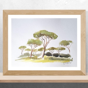 Pini ORIGINALI acquerello 11 x 15, arte murale toscana, paesaggio minimalista, dipinto di pino marittimo.