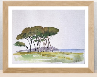 Maritime pine tree ORIGINAL watercolor 11 x 15, Baratti Tuscany wall art, Tuscany landscape, pine tree painting.