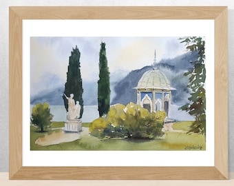 Lake Como ORIGINAL watercolor 7&#39;&#39; x 11&#39; Villa Melzi d&#39;Eril, Italy travel art, Italy painting
