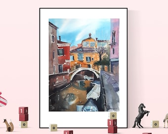 Aquarelle ORIGINALE de Venise 9 x 12 po. Art de voyage en Italie, peinture du pont de Venise, Dorsoduro