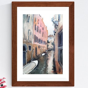 Venice Red houses and canale Original watercolor by Sichodis 8&quot; x 12&quot; Venice wall art