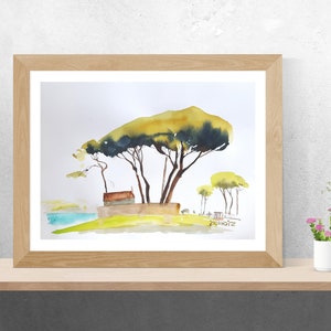 Pino marittimo acquerello ORIGINALE 10 x 14, arte murale toscana, paesaggio toscano, pittura di pino.