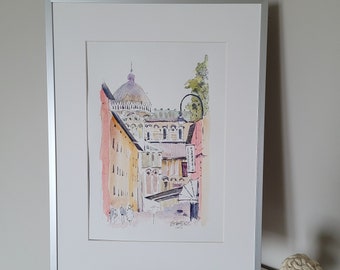 Watercolor Pisa urban sketch, line and wash painting, Tuscany sketch