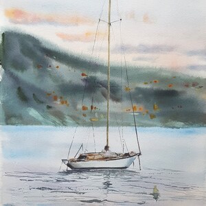 Acquarello originale di Sichodis Una barca a vela a Santa Margherita Ligure vicino a Portofino