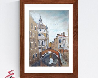 Venice bridge gouache painting 7'' x 11''. Venice kraft painting, mixed media art, Gouache on reused cardboard, sustainable art