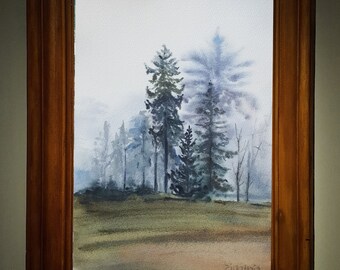 misty painting Hazy autumn landscape Foggy forest ORIGINAL watercolor 8'' x 11'' by Sichodis