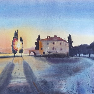 Zachód słońca w Toskanii Oryginalna akwarela 11&#39;&#39; x 15&#39;&#39; Dom Maremma Włochy Krajobraz Prezent podróżny