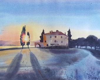 Tuscany Sunset Original watercolor 11'' x 15'' House Maremma Italy Landscape Travel gift