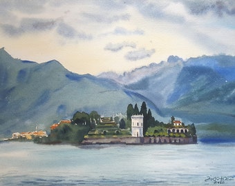 Isola Bella, Lac Majeur, aquarelle originale 11 x 15 po, vue sur le lac, paysage en Italie, cadeau de voyage