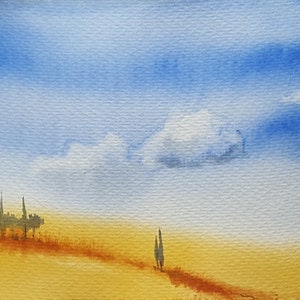 Paesaggio Val d'Orcia Toscana Acquarello original  Campo Cipressi Cielo Nuvole Serenità Giallo Idea regalo Decorazione casa