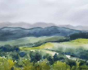 Abstract landscape Original Watercolor 11 x 15 by Sichodis. Hills painting, Italy wall art Home decor