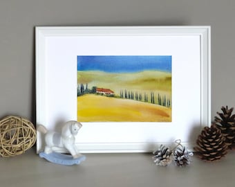 Tuscany landscape Original Watercolor by Sichodis 5 x 7 Italy Cypress Val d'Orcia Tuscany travel gift Souvenir