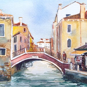 Venice ORIGINAL watercolor painting by Sichodis. 7&#39;&#39; x 11&#39;&#39; Italy travel gift, Venice bridge illustration