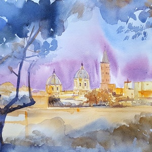 Rome ORIGINAL watercolor painting 11&#39;&#39; x 15&#39;&#39;. Panoramic cityscape, evening in Rome, Italy travel art.