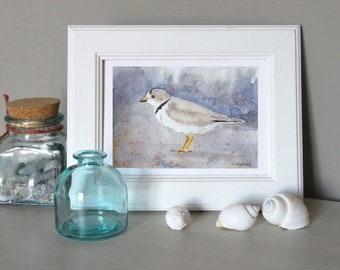 Piping Plover ORIGINAL watercolor 6'' x 8'' by Sichodis. Seashore wall art. Coastal decor, shore bird painting, beach theme.