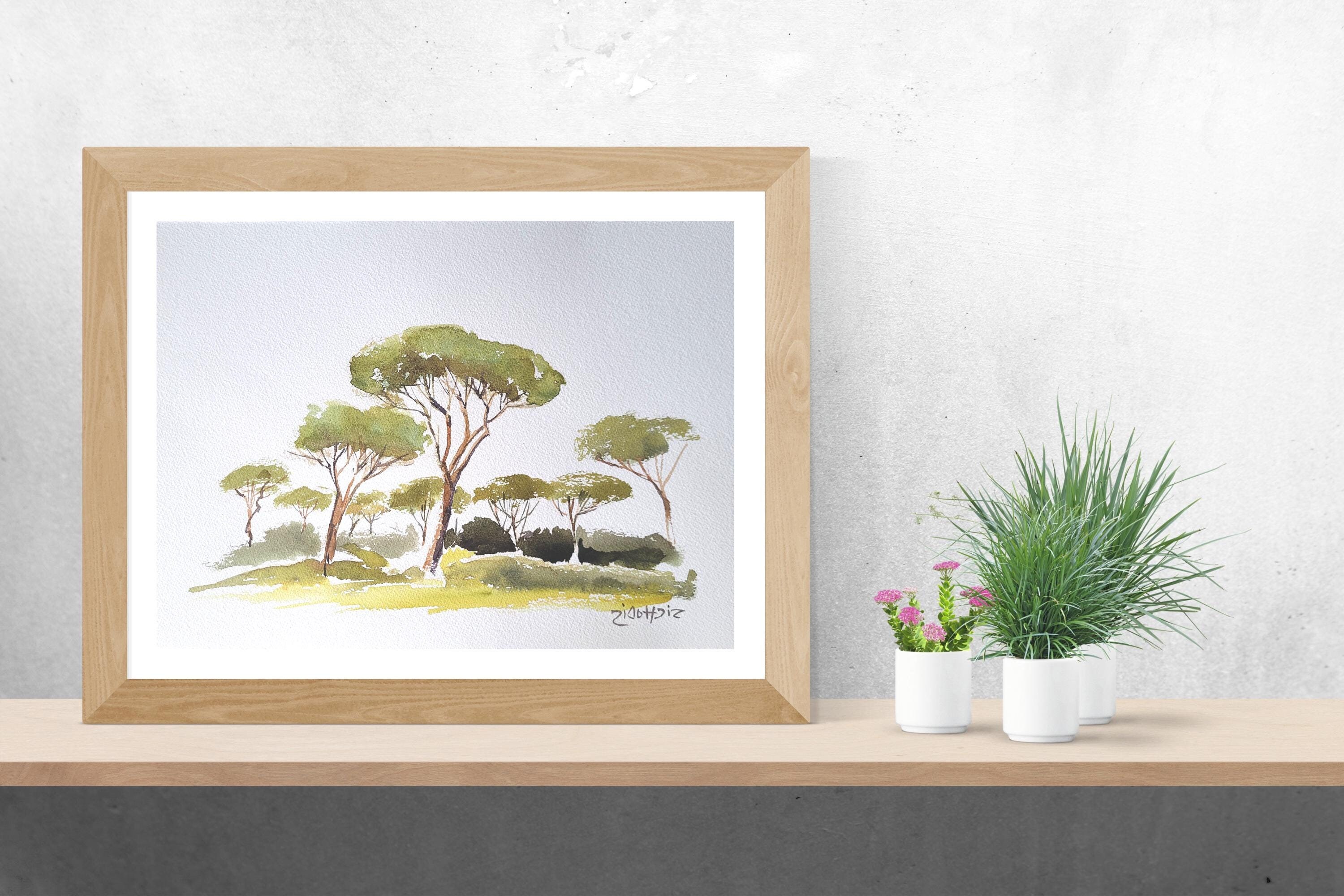 Pine trees ORIGINAL watercolor 11 x 15, Tuscany wall art, minimalist landscape, maritime pine tree painting.