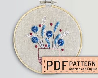 Download flowerpot embroidery, hand embroidery PDF, dark red flowerpot, blue flowers, embroidery pattern pdf, spanish and english directions