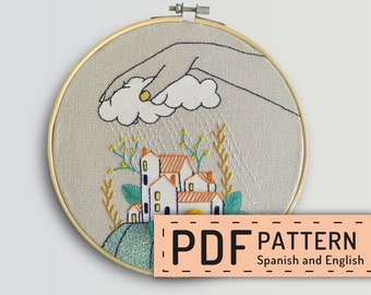 Hand embroidery pattern PDF, digital download, cloudy rain in village, how to embroider,  hoop art DIY, spanish and english directions