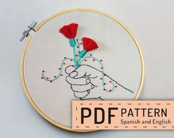 Hand embroidery pattern PDF, hoop art DIY, english directions, wall decor, free online stitch tutorial, red flower design, ramo flores rojas