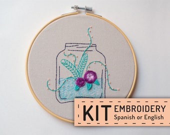 Hand embroidery pattern KIT, Purple and turquoise floral design, hoop art DIY, spanish directions, wall decor, free online stitch tutorial