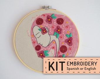 Hand embroidery KIT DIY, mother earth, embroidery woman long hair, flowers pink hair, hoop art DIY, housewarming wall decor, floral design