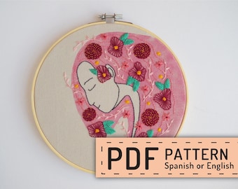 Embroidery PDF Mother earth, hand embroidery pattern, woman pink hair, woman hair floral design, housewarming wall decor, hoop art DIY