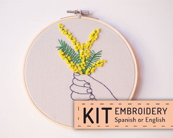 Hand embroidery pattern PDF, Mimosa embroidery kit, Embroidery kit, Spanish or english directions, yellow flower design, Yellow flowers hand