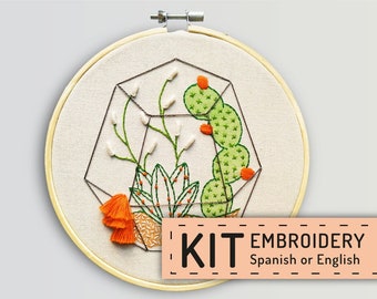 Embroidery kit cactus terrarium, hand embroidery DIY, cactus embroidery pattern, hoop art DIY woman, english directions Terrarium cactus,