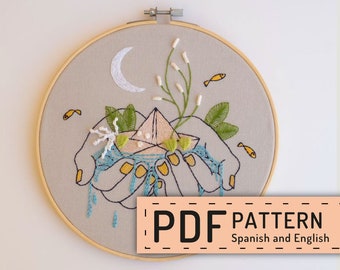 Hand embroidery pdf, pattern spanish, paper boat to embroider, fish water, moon night, online stitch, hands holding water, DIY embroidery