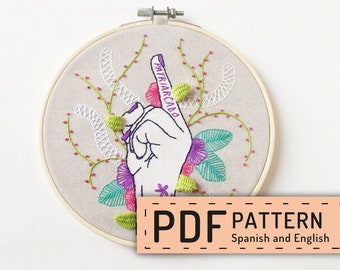 Feminist Hand embroidery PDF, flip the bird at patriarchy, feminist movement, embroidery pattern DIY, spanish n english, hand floral leaves
