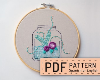 Hand embroidery pattern PDF, Turquoise purple floral design, hoop art DIY, wall decor, for beginners, spanish directions, online tutorial