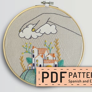 Hand embroidery pattern PDF, digital download, cloudy rain in village, how to embroider, hoop art DIY, spanish and english directions image 1