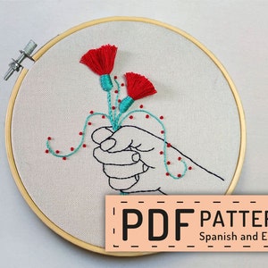 Hand embroidery pattern PDF, hoop art DIY, english directions, wall decor, free online stitch tutorial, red flower design, ramo flores rojas image 1