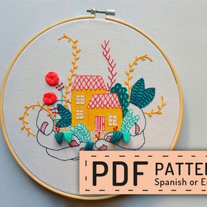 Hand embroidery pattern PDF, hoop art DIY, housewarming wall decor, free online stitch tutorial, Yellow house, holding hands, floral design