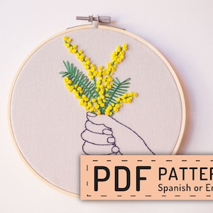 Embroidery download PDF, Floral mimosa pattern, hand and flower, Yellow embroidery design, Spanish directions, wall DIY decor, Yellow flower