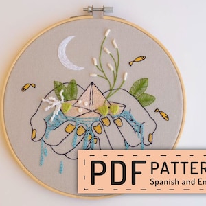 Hand embroidery pdf, pattern spanish, paper boat to embroider, fish water, moon night, online stitch, hands holding water, DIY embroidery image 1