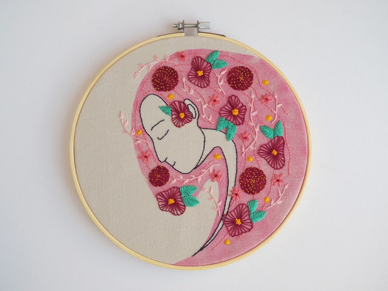Hand embroidery KIT DIY, mother earth, embroidery woman long hair, flowers pink hair, hoop art DIY, housewarming wall decor, floral design image 2