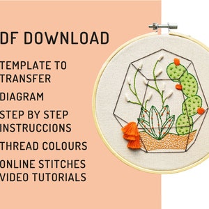 Download cactus embroidery, hand embroidery PDF, cactus terrarium, embroidery pattern, hoop art DIY woman, spanish directions, hand floral image 7