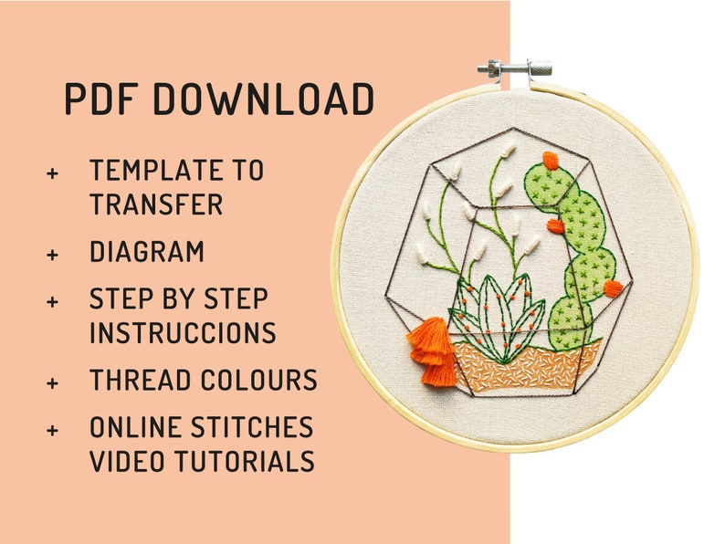 Download cactus embroidery, hand embroidery PDF, cactus terrarium, embroidery pattern, hoop art DIY woman, spanish directions, hand floral image 7