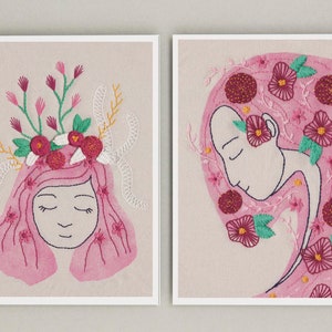 3 Illustration prints pack, hand embroidery, feminism, woman and flowers, mother earth, wall frame decor, postalcard, illustration print, image 1