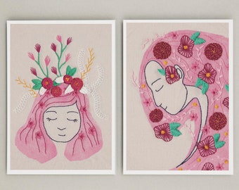 3 Illustration prints pack, hand embroidery, feminism, woman and flowers, mother earth, wall frame decor, postalcard, illustration print,