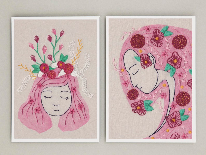 3 Illustration prints pack, hand embroidery, feminism, woman and flowers, mother earth, wall frame decor, postalcard, illustration print, image 1