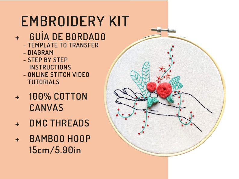 Hand embroidery KIT DIY, Kit de bordado, kit instrucciones español, mano con flores, diseño floral, flores rojas, puntos básicos de bordado imagen 9
