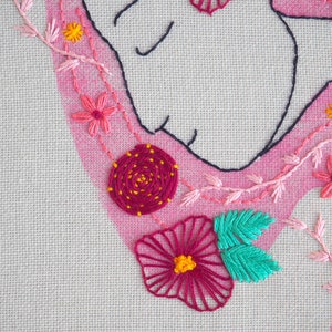 Hand embroidery KIT DIY, mother earth, embroidery woman long hair, flowers pink hair, hoop art DIY, housewarming wall decor, floral design image 5