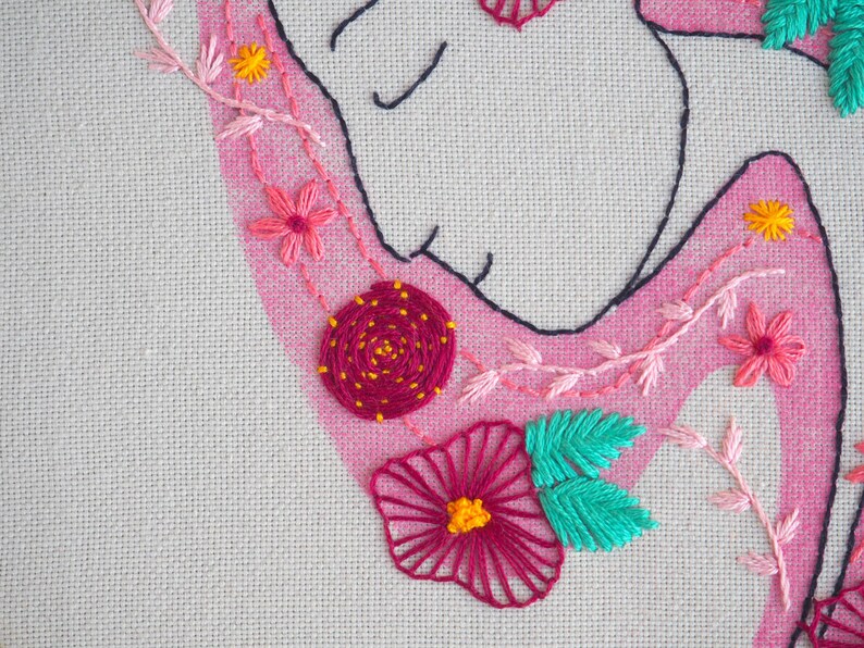 Hand embroidery KIT DIY, mother earth, embroidery woman long hair, flowers pink hair, hoop art DIY, housewarming wall decor, floral design image 5