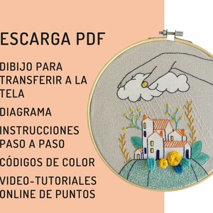 Hand embroidery pattern PDF, digital download, cloudy rain in village, how to embroider, hoop art DIY, spanish and english directions image 8