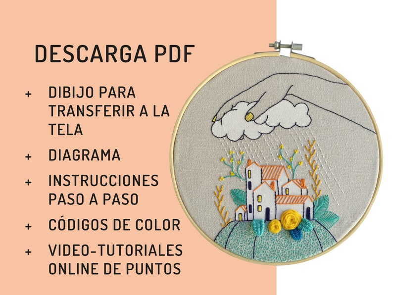 Hand embroidery pattern PDF, digital download, cloudy rain in village, how to embroider, hoop art DIY, spanish and english directions image 8